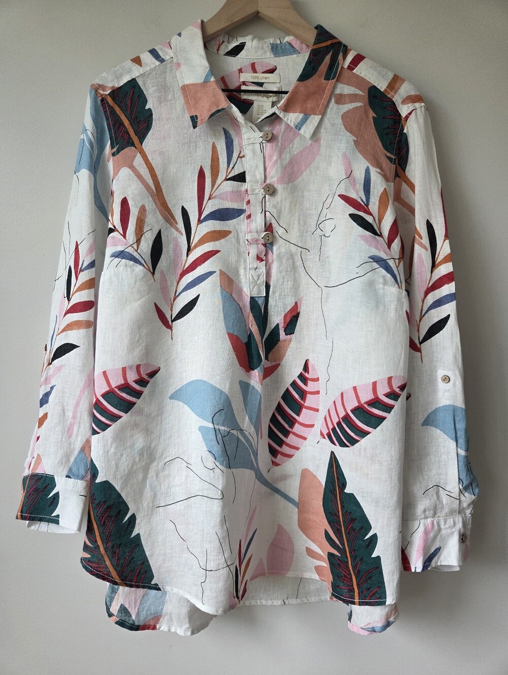 Cynthia Rowley Tropical Leaf Print 100% Linen Popover Blouse Womens Size 2 X